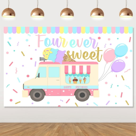 Ice Cream Birthday Party Decorations 4th, Forever Sweet Birthday Decorations Backdrop Photobooth Baby Girl 4th Birthday Decorations