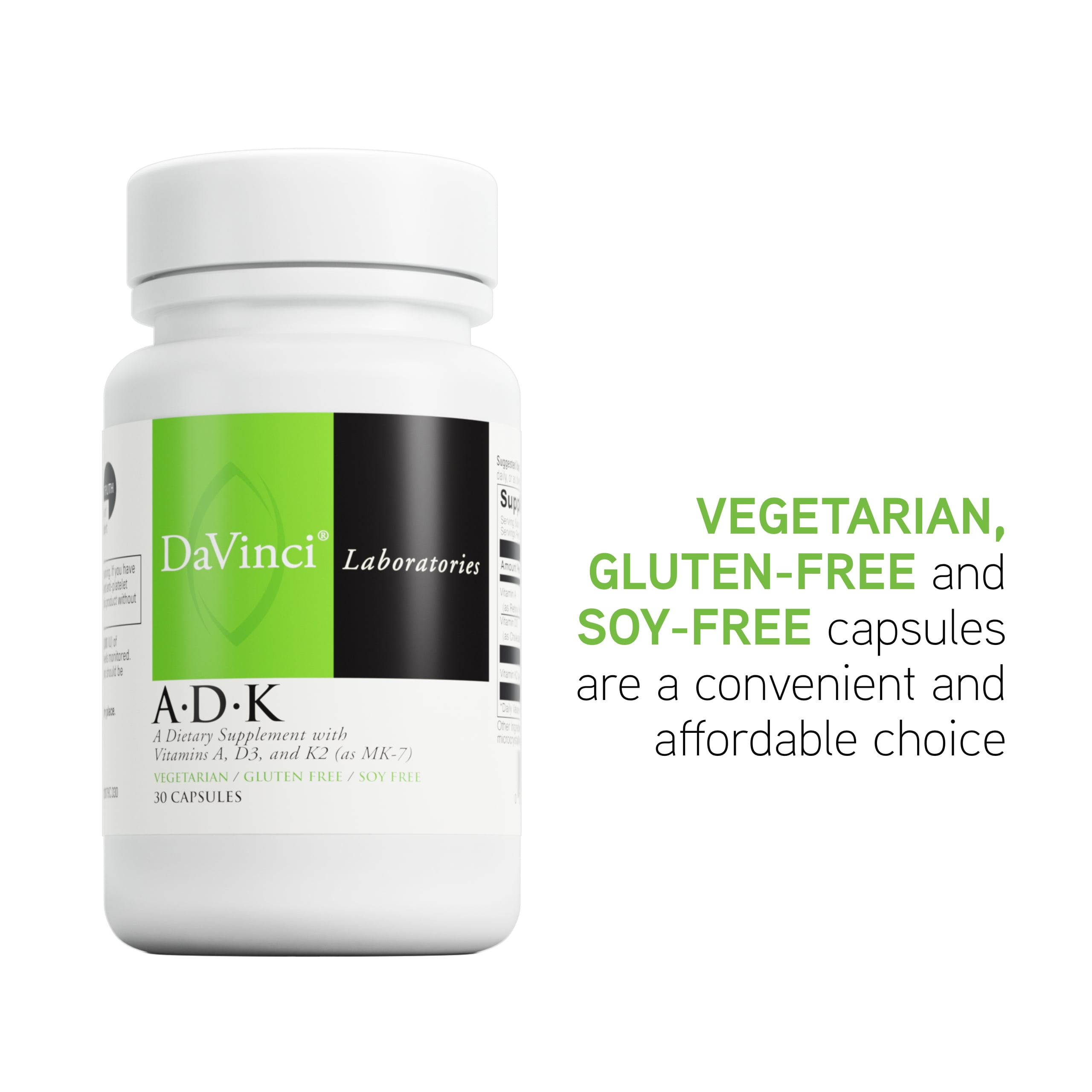DaVinci Labs ADK - Helps Support Bone, Heart & Immune Health* - Dietary Supplement with Vitamins A, D3 & K2 (as MK-7) - Vegetarian, Gluten Free & Soy Free - 30 Capsules