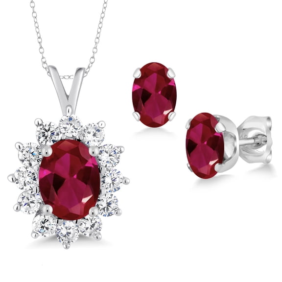 Gem Stone King 2.39 Ct Oval Red Created Ruby 925 Sterling Silver Pendant and Earrings Jewelry Set