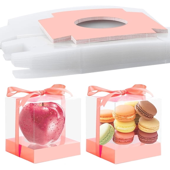 24 Pcs Clear Plastic Cupcake Boxes, 3.5 Inch Single Cupcake Containers for Cake Dessert, Individual Cake Storage Holder with Ribbon Wedding Birthday Party Favor (Rose Gold)