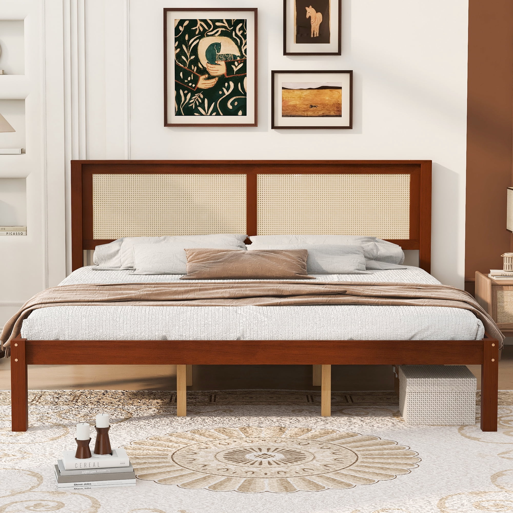 King Bed Frame with Rattan Headboard, Solid Wood Platform Bed and Farmhouse Boho Bed Frame with Under-Bed Storage for Bedroom, Walnut Finish