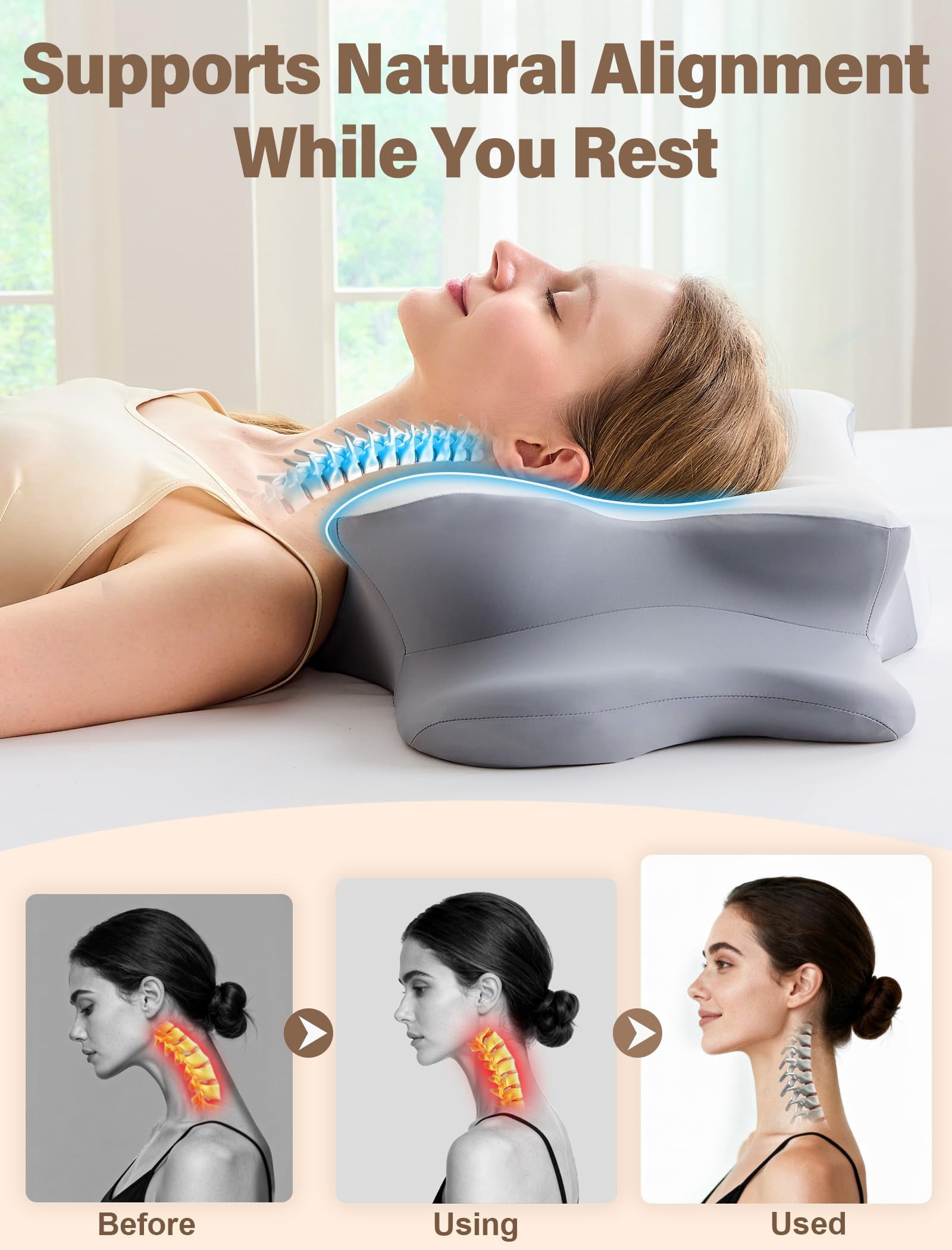 LOMAO Cervical Neck Pillow for Neck Support, Contour Memory Foam Pillow for Side and Back Sleepers, Cooling Washable Cover, Dual Height 4.2"/5", Queen