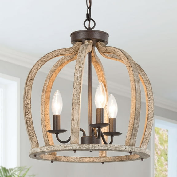 LNC Farmhouse 3-Light Bronze Finish Wood Drum Chandelier for Kitchen Island