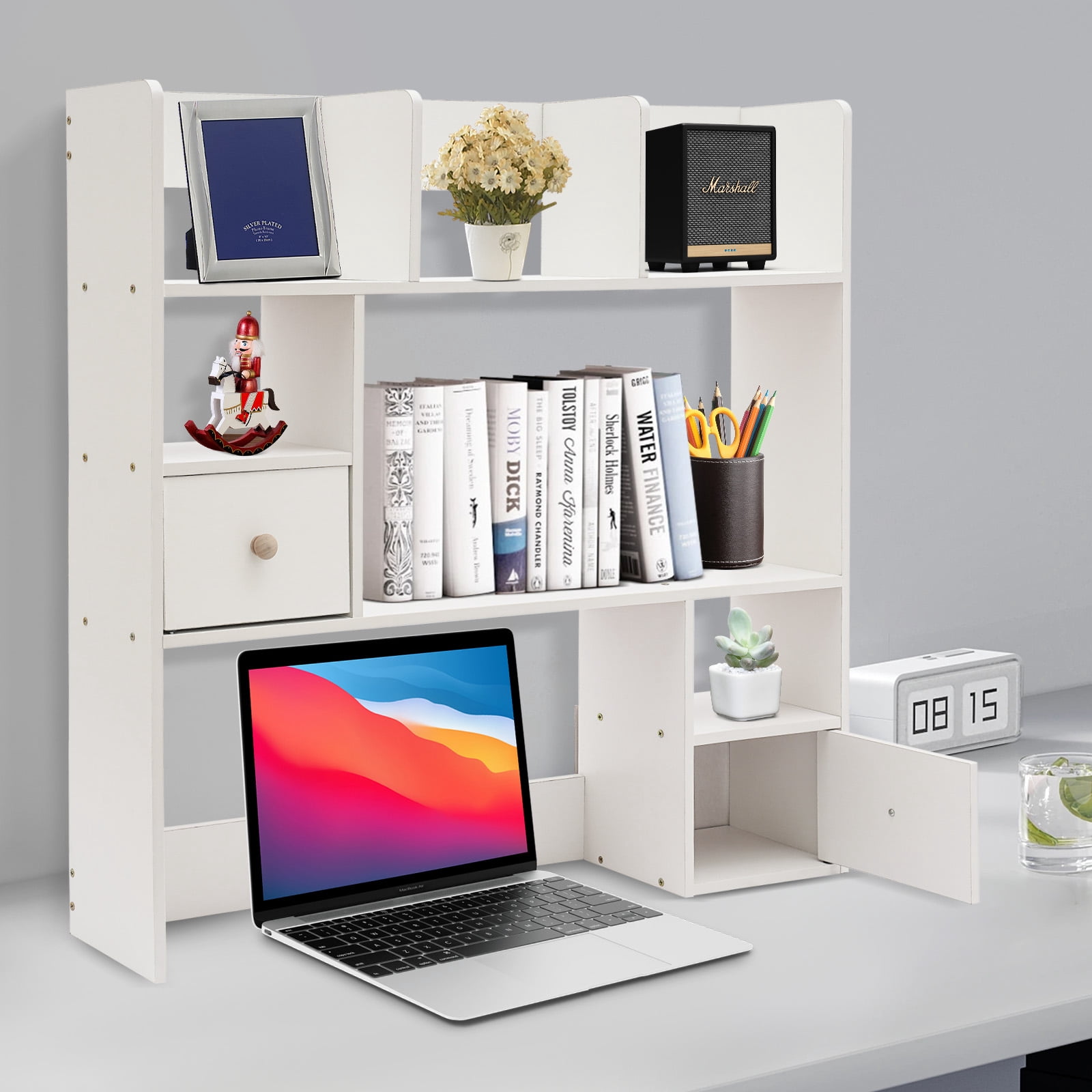 Modern Desktop Storage Organizer Home Office Desktop Bookshelf Holder Computer Rack Desk Organizer for Space Saving (White)