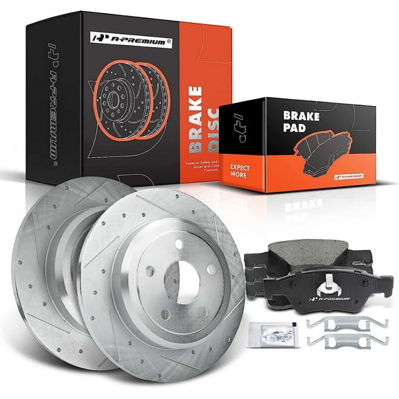 A-Premium 12.99 in (330mm) Rear Drilled and Slotted Disc Brake Rotors   Ceramic Pads Kit Compatible with Select Dodge and Jeep Models - Durango & Grand Cherokee 11-17, 6-PC Set