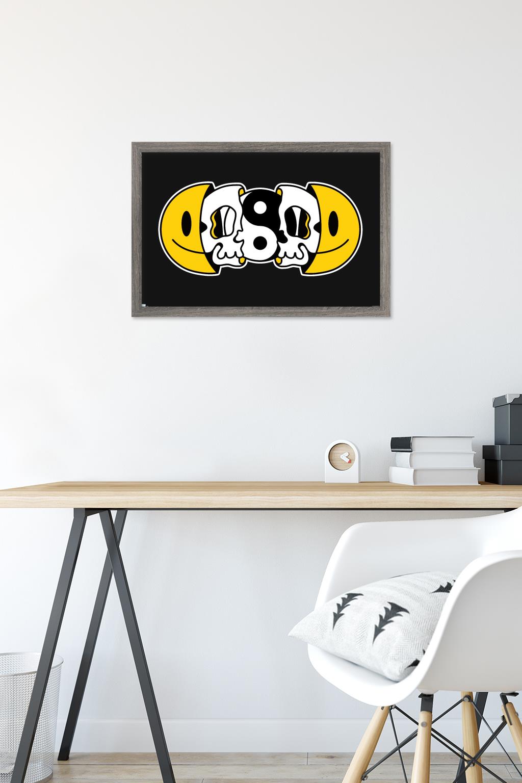 Yin Yang Smile Face Skull Wall Poster, 14.725" x 22.375" Framed