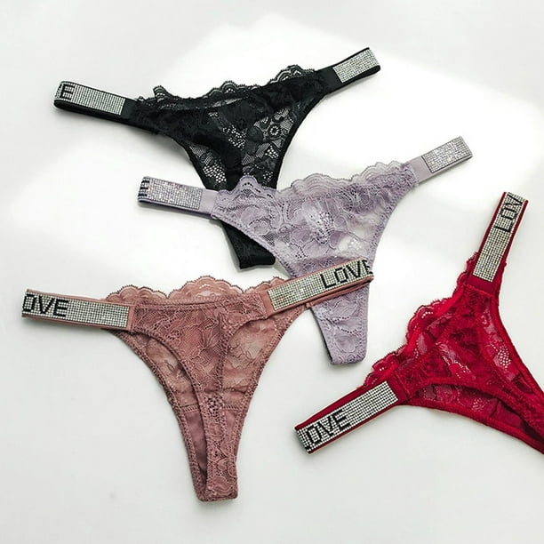 MRULIC panties for women Sexy Panties Thongs For Women Letter Rhinestones G  String Low Rise Tanga Stretch Underwear Pink + M 