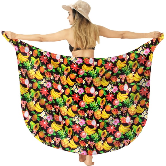 LA LEELA Women's Beachwear Summer Beach Pareo Sarong Coverups Wrap Skirt Swimsuit Swim Cover up Bikini Wraps for Women One Size Allover Fruits, Black
