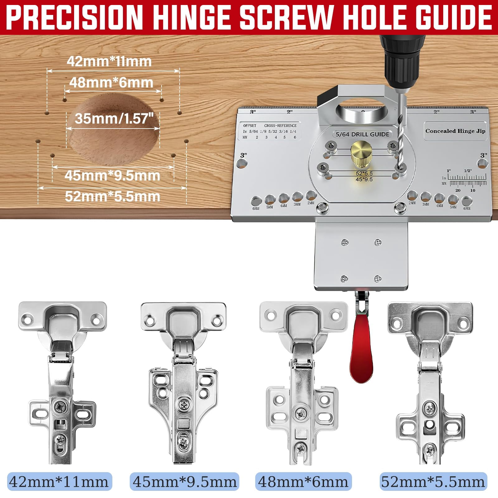 35mm Concealed Door Hinge Jig  Cabinet Hole Drilling With Quick Clamp & Dust Vacuum Adapter - Precision Metal Woodworking Mounting Tool For Installation