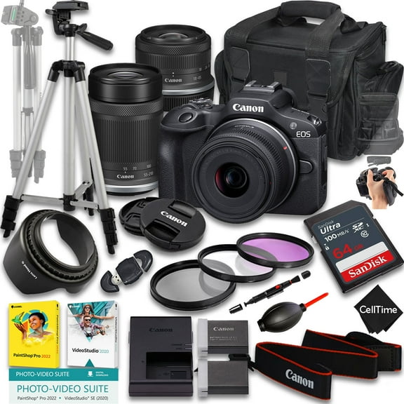 Canon EOS R100 Mirrorless Camera with RF-S 18-45mm f/4.5-6.3 IS STM And 55-210mm f/5-7.1 IS STM Lens   64 GB Memory   Extra Battery   Camera Case   Tripod   More (23pc Bundle)