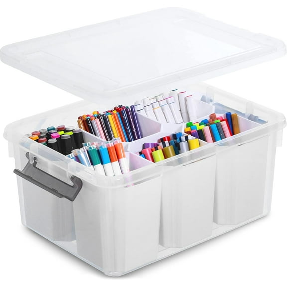 Clear Storage Bins with Lids – Stackable Plastic Organizer with Removable Dividers, Art & Craft Supplies Storage Box, Toy Organizer for Classroom, Home, Office