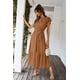 thumbnail image 5 of Vestido PRETTYGARDEN Maxi Marrón con Volantes, Escote Cruzado y Cinturón M, 5 of 8