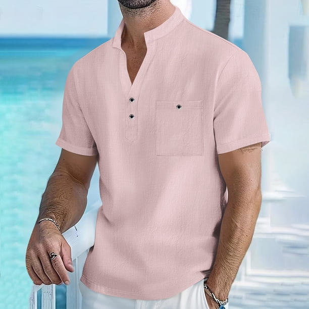 pstuiky camisetas para hombre, Camisa estilo cárdigan informal de manga corta con cuello vuelto y botones de color liso para hombre ropa de hombre m