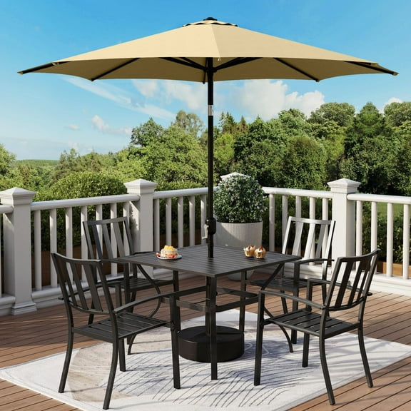 MF Studio 6-Piece Outdoor Patio Dining Set with 9 ft Umbrella, Stacking Chairs & Square Table, Black & Beige