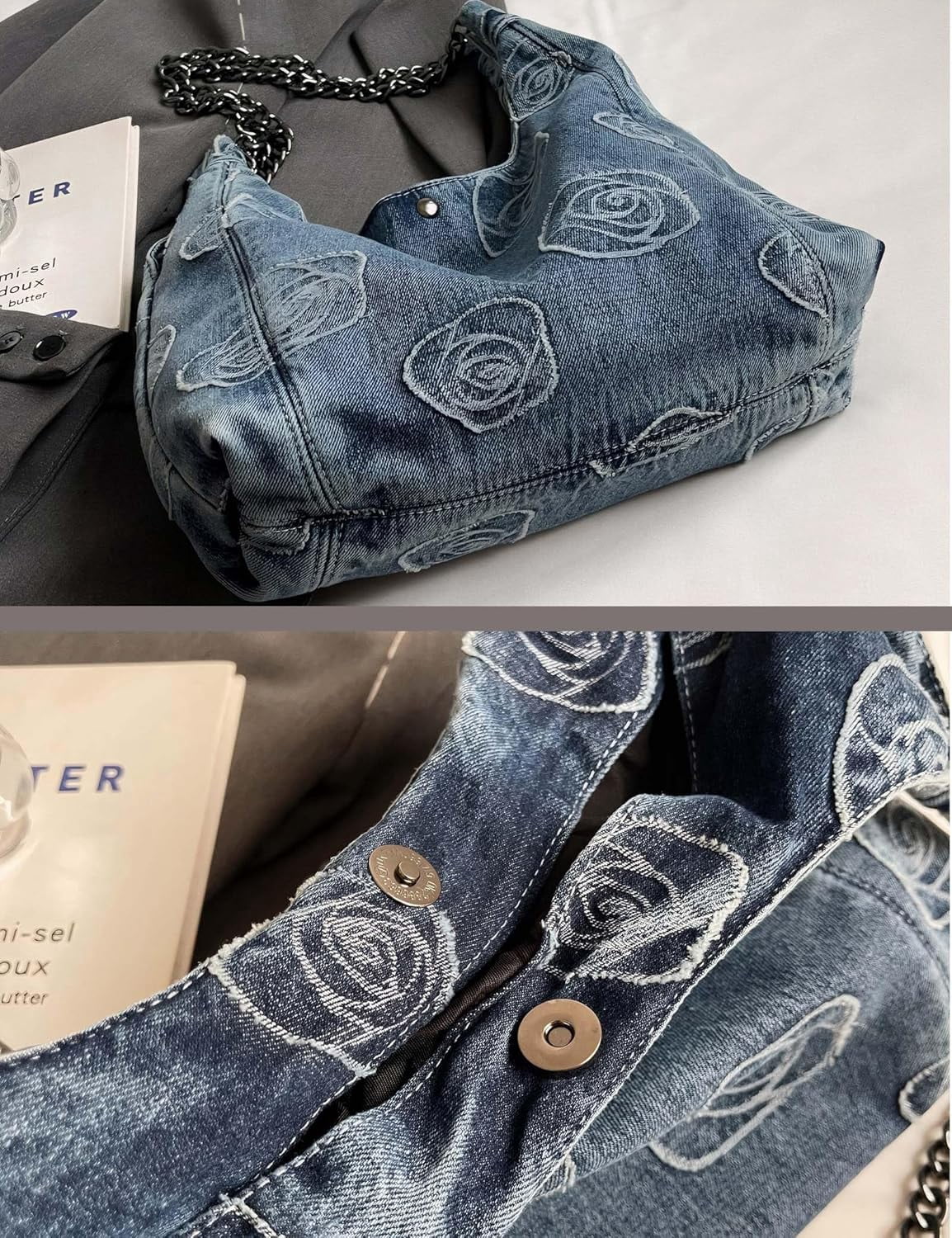 Denim Hobo Tote Bag for Women，Jean Casual Shoulder Purse with Floral Pattern、Chain Strap, Blue