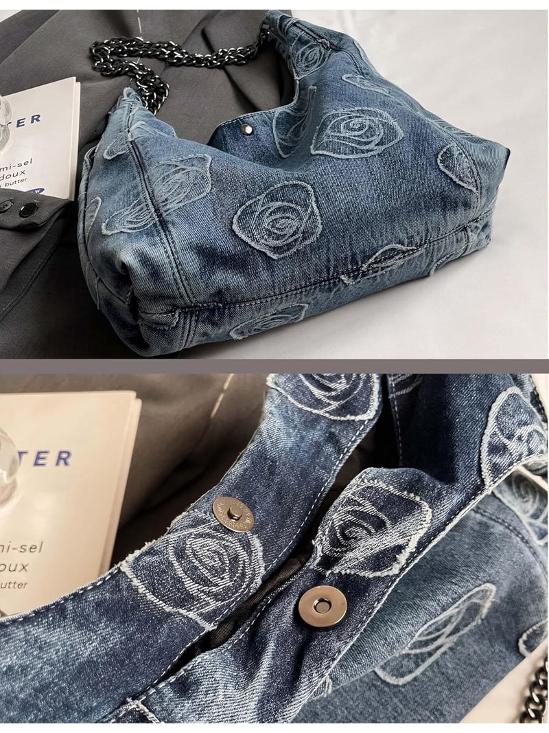 Denim Hobo Tote Bag for Women，Jean Casual Shoulder Purse with 