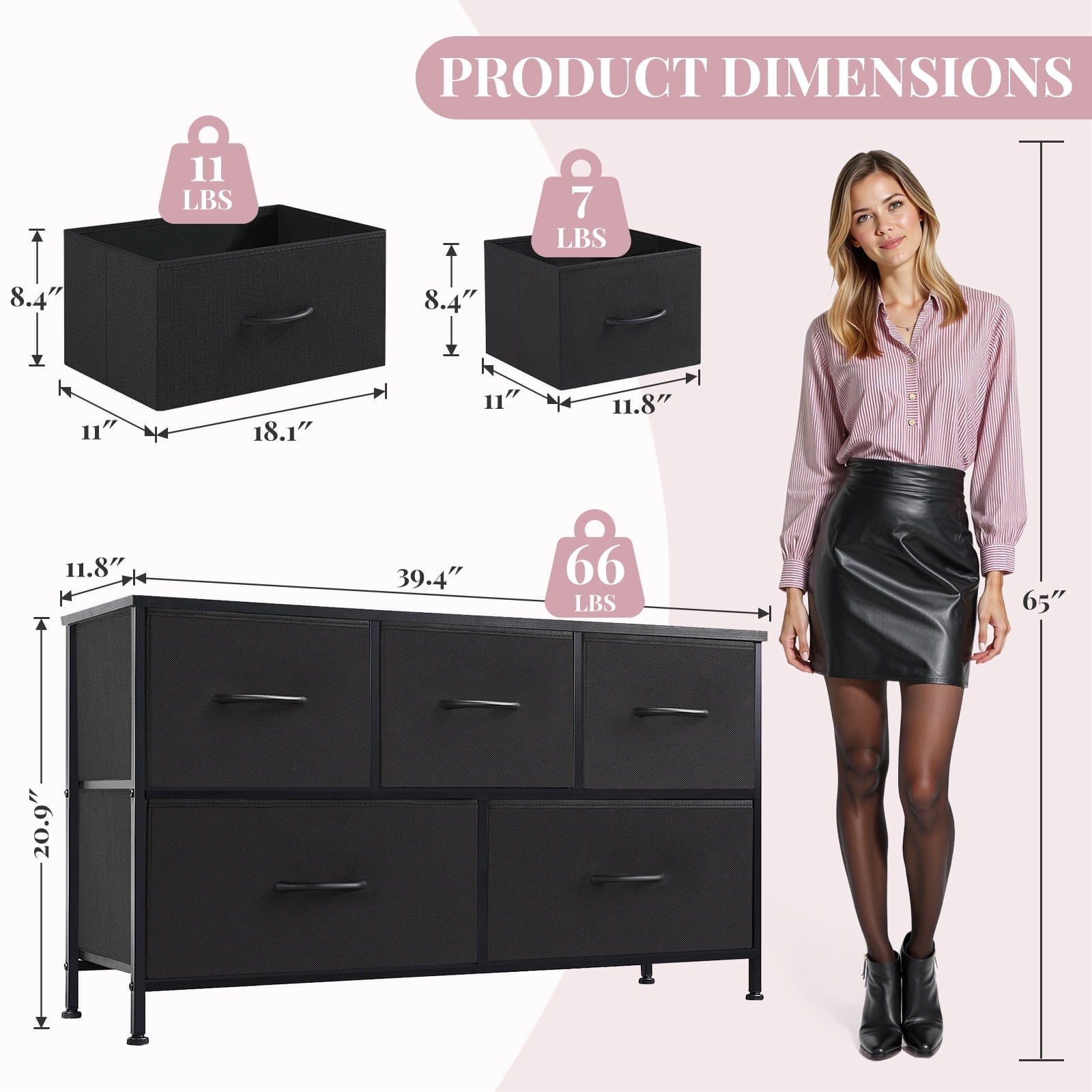 Dresser, Betcozy Storage Organizer with 5 Drawers for Bedroom, Chest of Drawers with Fabric Bins, Sturdy Metal Frame, Wood Tabletop, Black