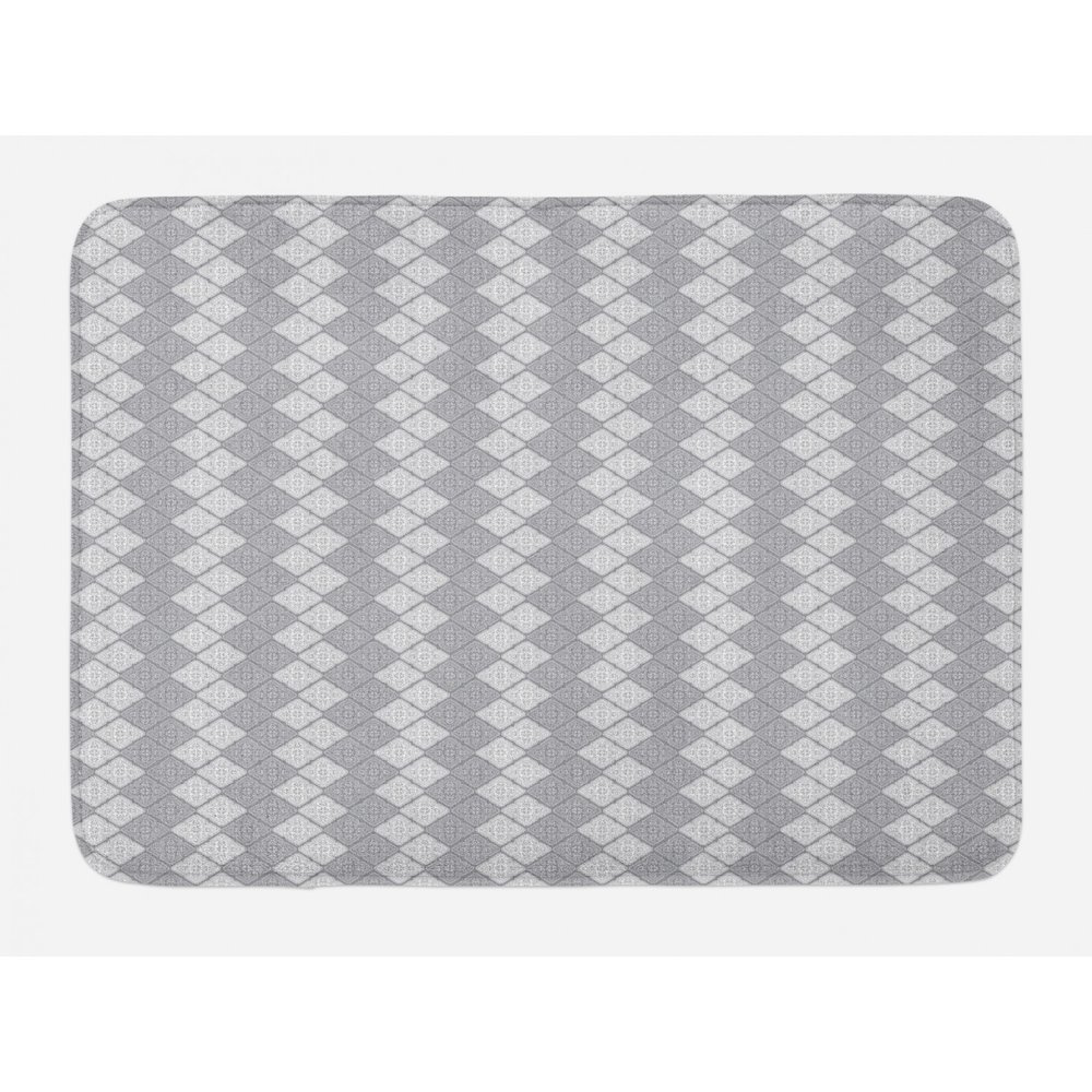 Geometric Bath Mat, Greyscale Floral Pattern with Abstract Leaf and Petals Vintage Inspirations