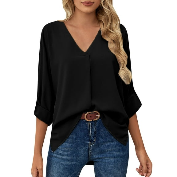 Baqcunre Long Sleeve Shirts For Women Women'S Solid V Neck Long Sleeve Casual Fashion Chiffon Shirt Top Chiffon Blouses For Women Workout Tops For Women Black L