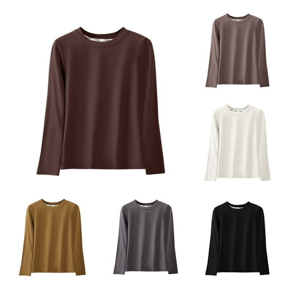 FRSASU Women's Casual Shirts Solid Color Round Neck Slim Fit Long Sleeved Warm Top Yellow