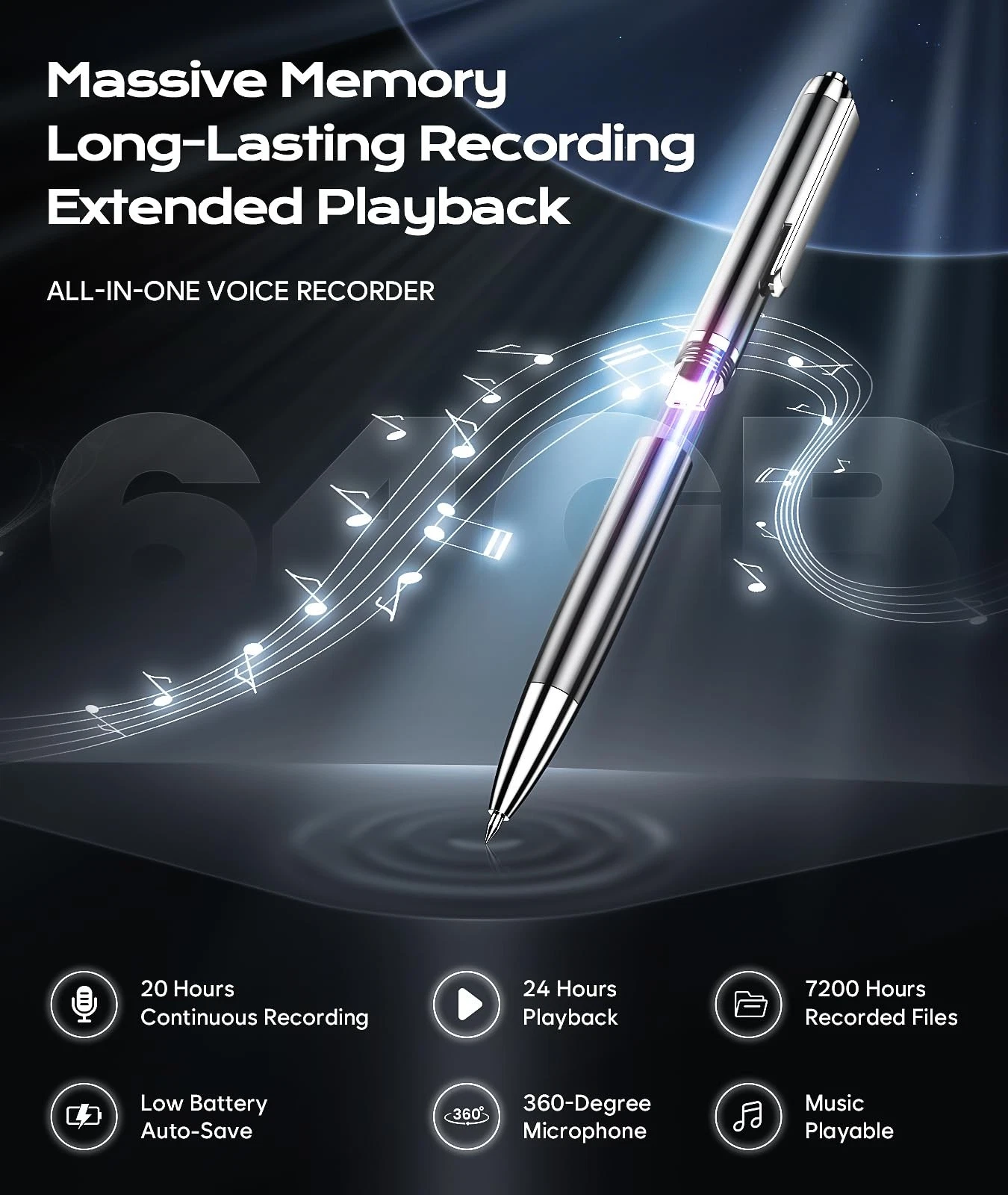 64GB (7200Hrs) Voice Recorder w/Type-C, Voice Activated Recorder with AI-Inte