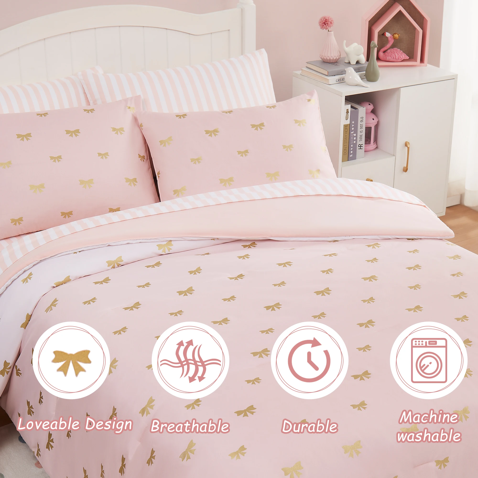 Amberspace gold foil Design 7-piece Bed in a Bag Comforter Set with Sheets,Pink/Bow Knot,Full