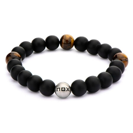 - Men's Stainless Steel Matte Finished Three Tiger's Eye Stones in Black Onyx Bead Bracelet