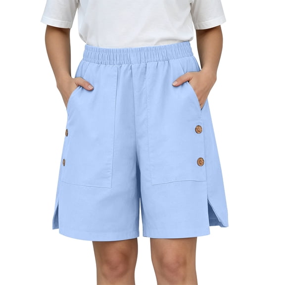 ZToonmas Women's 2026 Elastic Waist Button Shorts Casual Loose Fit Bermuda Shorts with Pockets for Ladies
