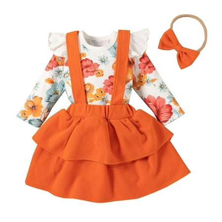 

YWDJ 0-24 Months Toddler Girls Floral Flying Sleeve Romper Orange Strap Skirt Head Knot Three-piece Suit Orange 100