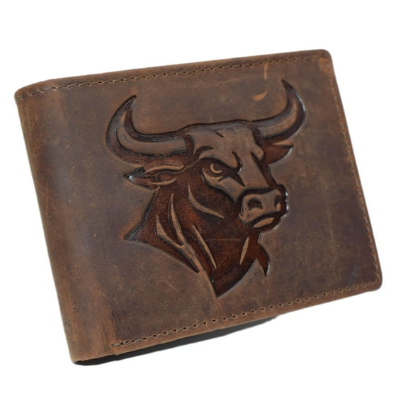 MARSHAL Genuine Leather RFID Bifold Wallet for Men Western Bull Design Rustic Cowboy Wallet Brown