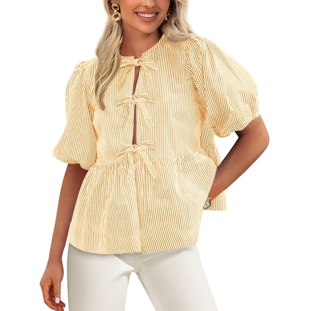 Blusa PRETTYGARDEN para mujer con lazo en la parte delantera a rayas 2025, amarilla