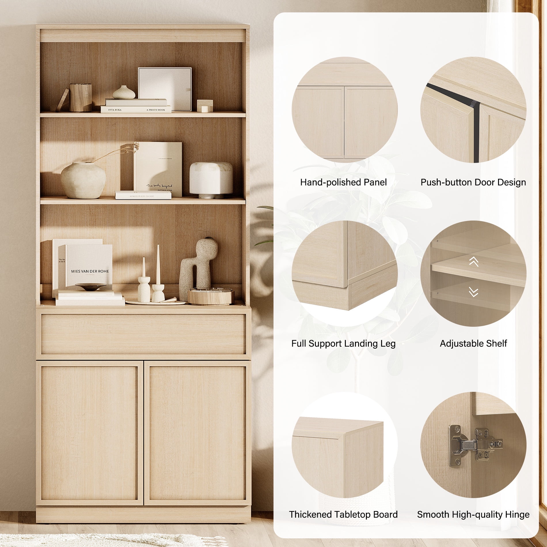 Modern 72" Tall Bookcase with Doors, Drawers & Adjustable Shelves, Wood Bookcase with Storage Cabinet and Open Shelving,Beige