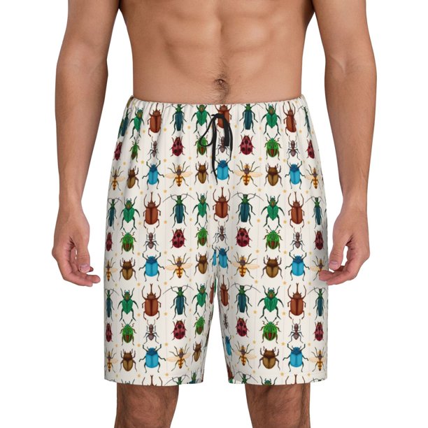 Balery Cartoon Insects Pantalones cortos de pijama de punto de algodón para hombre con cinturilla y bolsillos-Small