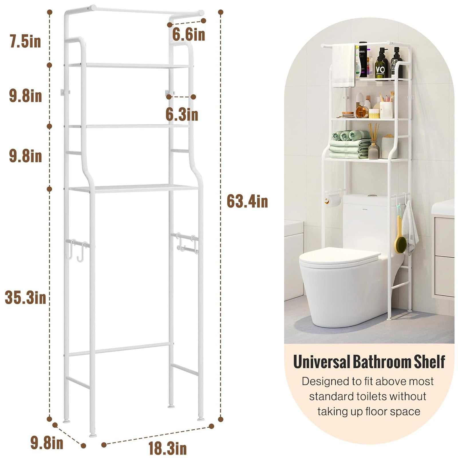 SUSUZI Over the Toilet Storage Rack 3-Tier Bathroom Organizer Shelf Metal Bath Shelves Freestanding Above Toilet Stand for Bathroom Laundry, White
