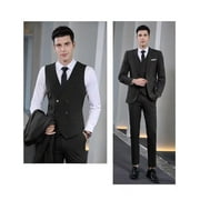 3 Piece Linen Suits for Men Slim Fit Casual Beach Wedding Summer Grooms Groomsmen Linen Blazer Pants Suit Black 3XL