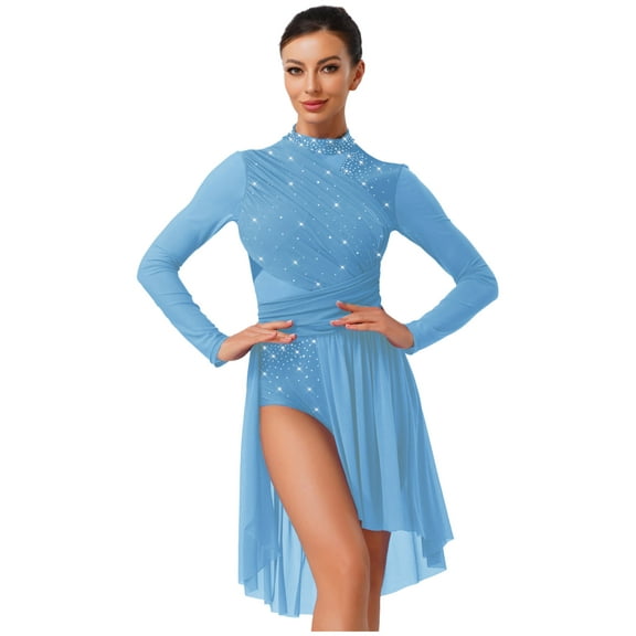 Nyeemya Women's Shiny Rhinestone Long Sleeve Lyrical Dance Dress Backless Tulle Skirt Leotard Dancewear Dusty Blue L
