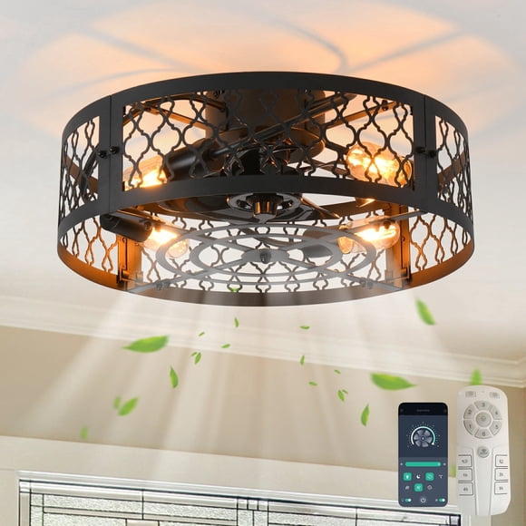 Garwarm Ventilador de Techo Enjaulado de 19.6'' con Luces, Ventiladores de Techo Industriales Negros sin Aspas con Control Remoto, Accesorios de Ventilador de Techo de Perfil Bajo con Montaje Al Ras