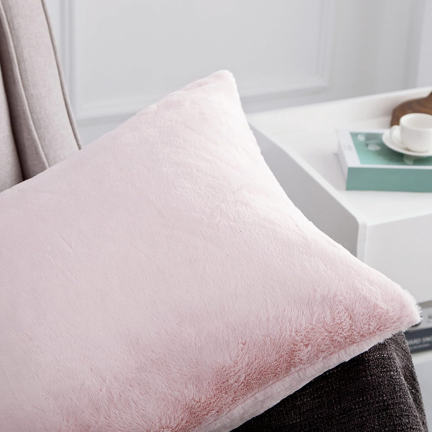 Home Soft Things Rabbit Faux-fur Throw Pillow Cover 4 Piece Set, 20" x 20", Soft Pink