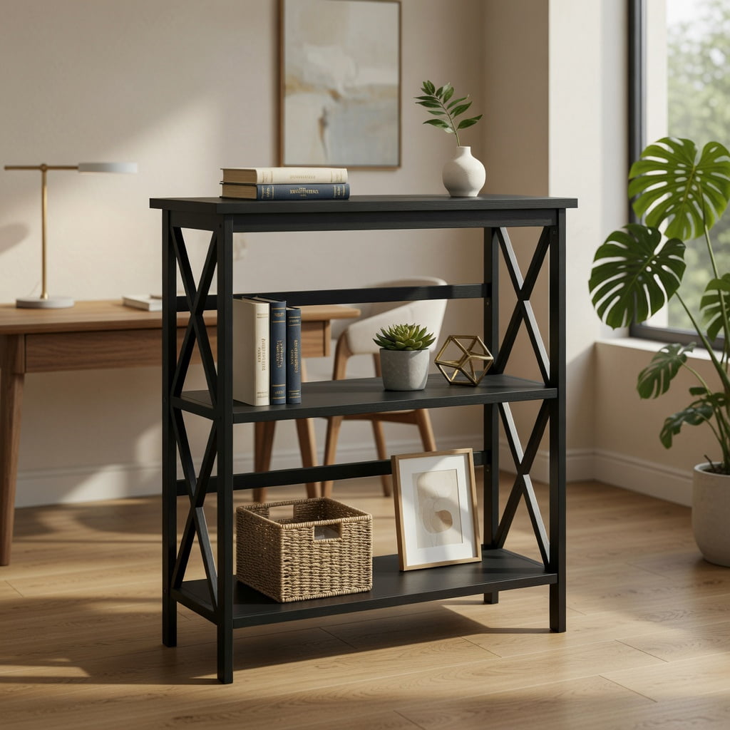 Spaco 3-Tier Wooden Multi-Functional X-Design Etagere Storage Bookshelf-Black, Tall Bookshelf, Shelves for Living Room, Home Office, Bedroom, Balcony