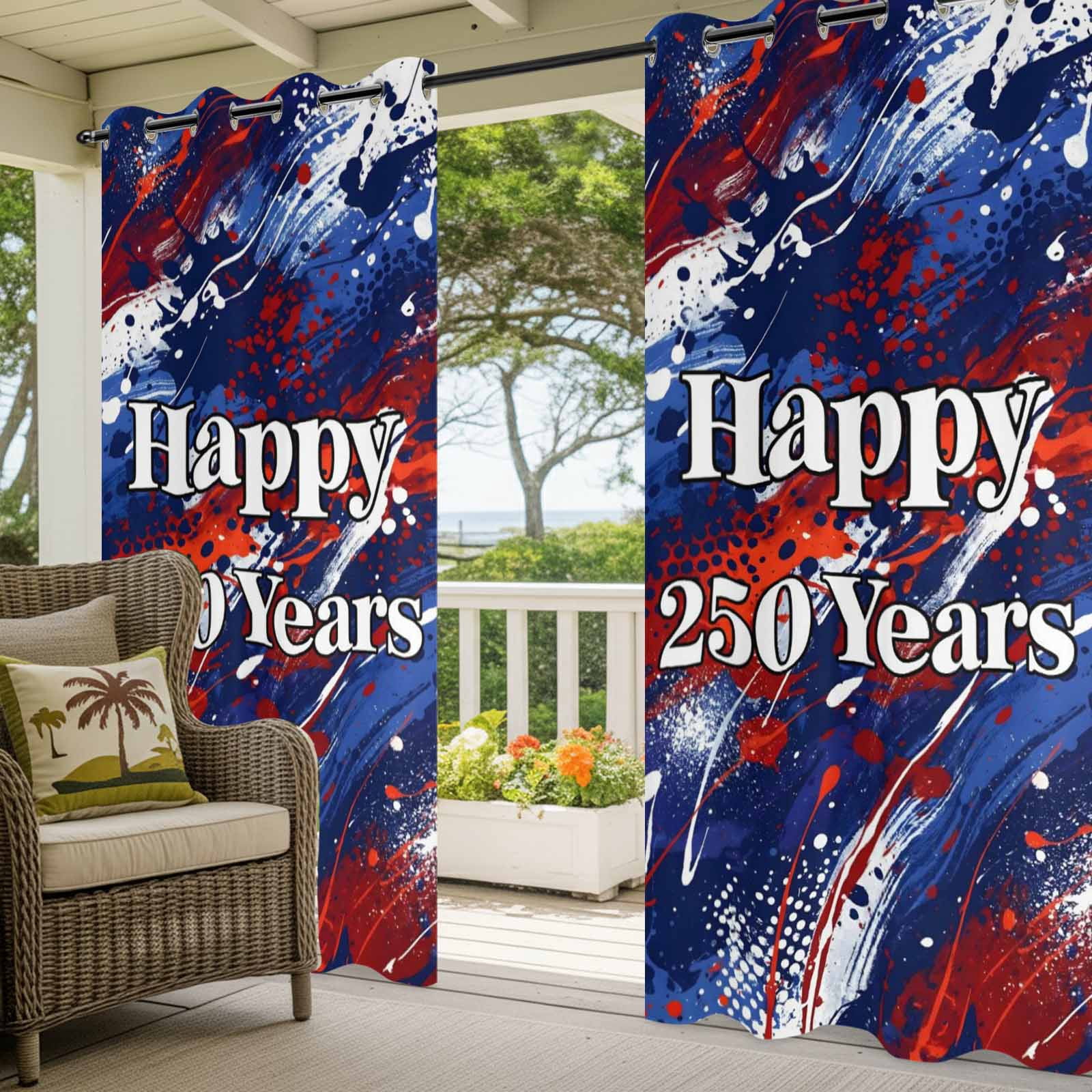 Happy 250 Years Outdoor Curtains for Patio, Independence Day Blue Red White Splash Sunshade Privacy Drapes Grommet Waterproof Outside Curtains for Porch/Cabana/Balcony 54"x 108", 1 Panel