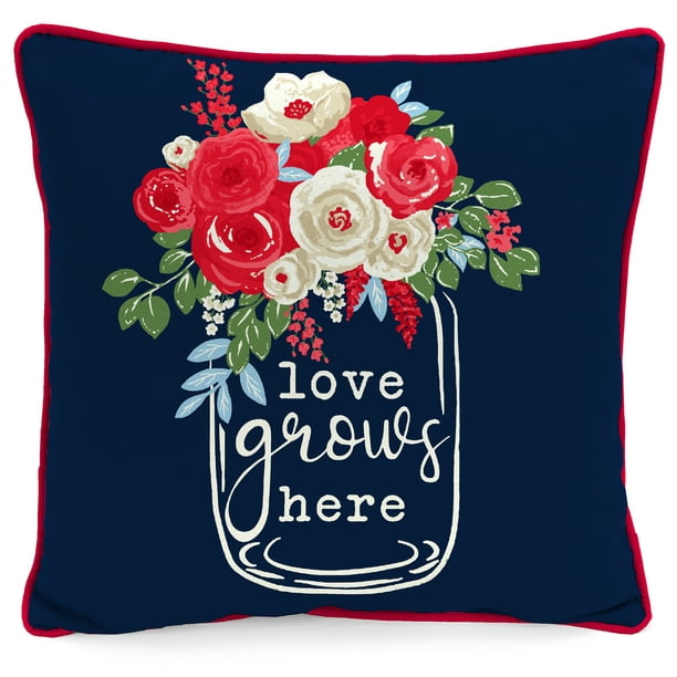 Mainstays Love Grows Here Flowers Reversible Outdoor Throw Pillow, 16", Navy Novelty and Multicolor Floral