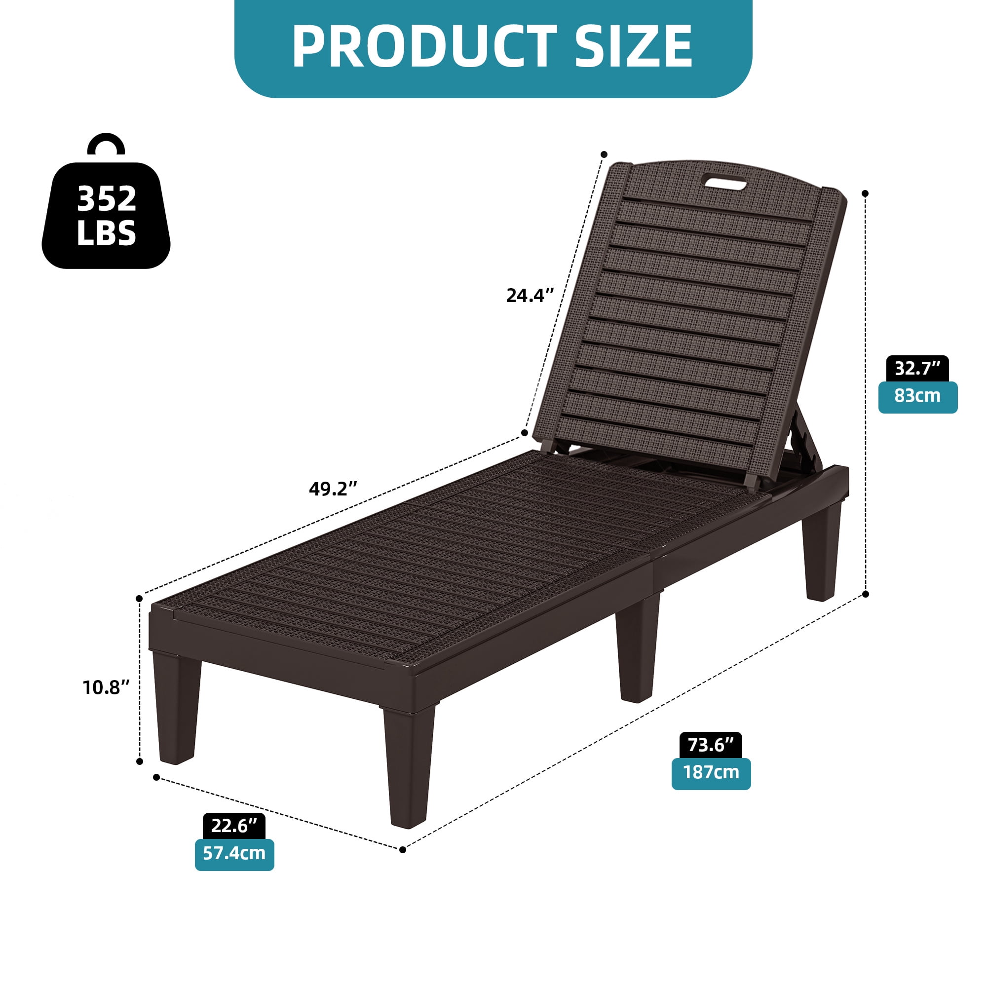 Uforic Outdoor Plastic Chaise Lounge Chair, 5-Position Adjustable Waterproof Poolside Recliner, Easy Assembly Patio Lounger for Garden Backyard, Brown, 1 Piece
