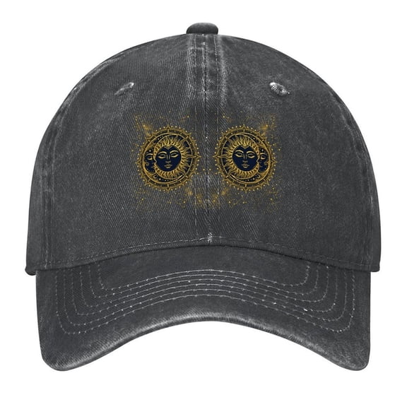Washed Cotton Baseball Caps for Men Women, Breathable Retro Adjustable Dad Hats with Crown for Running, Outdoor, Daily Casual Wear, Black-Celestial Sun