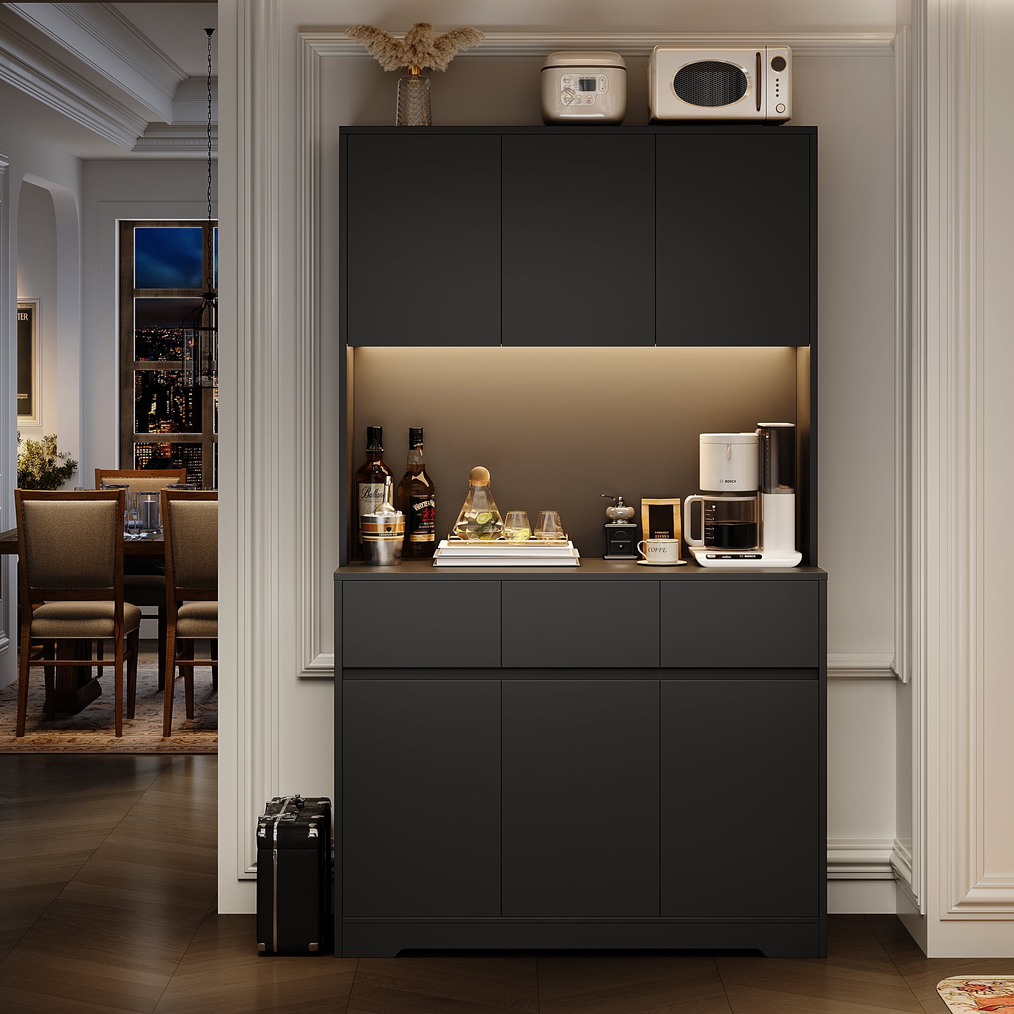 Homfa 70.9'' Tall Kitchen Pantry Cabinet with Charge Station & Led Light, 3 Drawer Storage Cabinet with Adjustable Shelves, Black