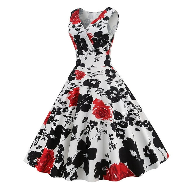 Femmes Robes d'Été Sans Manches Vintage Floral Parti Swing Taille-Minceur Midi Robe Robes de Retour