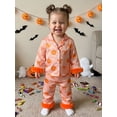 thumbnail image 4 of RUINIXCW Toddler Baby Girl Boy Halloween Silk Satin Pajama Set Little Girls PJS Fall Winter Sleepwear Striped Button Down Long Sleeve Shirt Pants Set, 4 of 10
