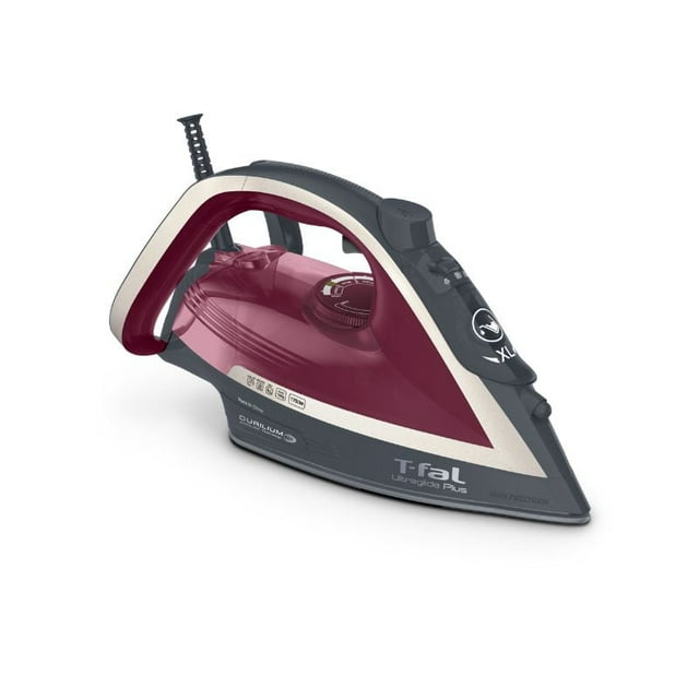 T-fal Ultraglide Plus steam iron in maroon and gray with ergonomic handle, temperature control dial, and non-stick soleplate for smooth ironing.
