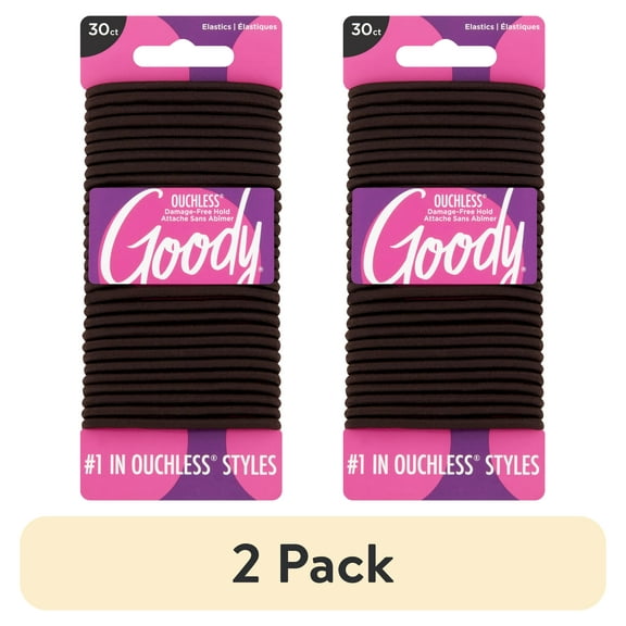 (2 pack) Goody Ouchless® Brown Hair Elastics, No Metal Gentle Hair Ties, 30 Ct