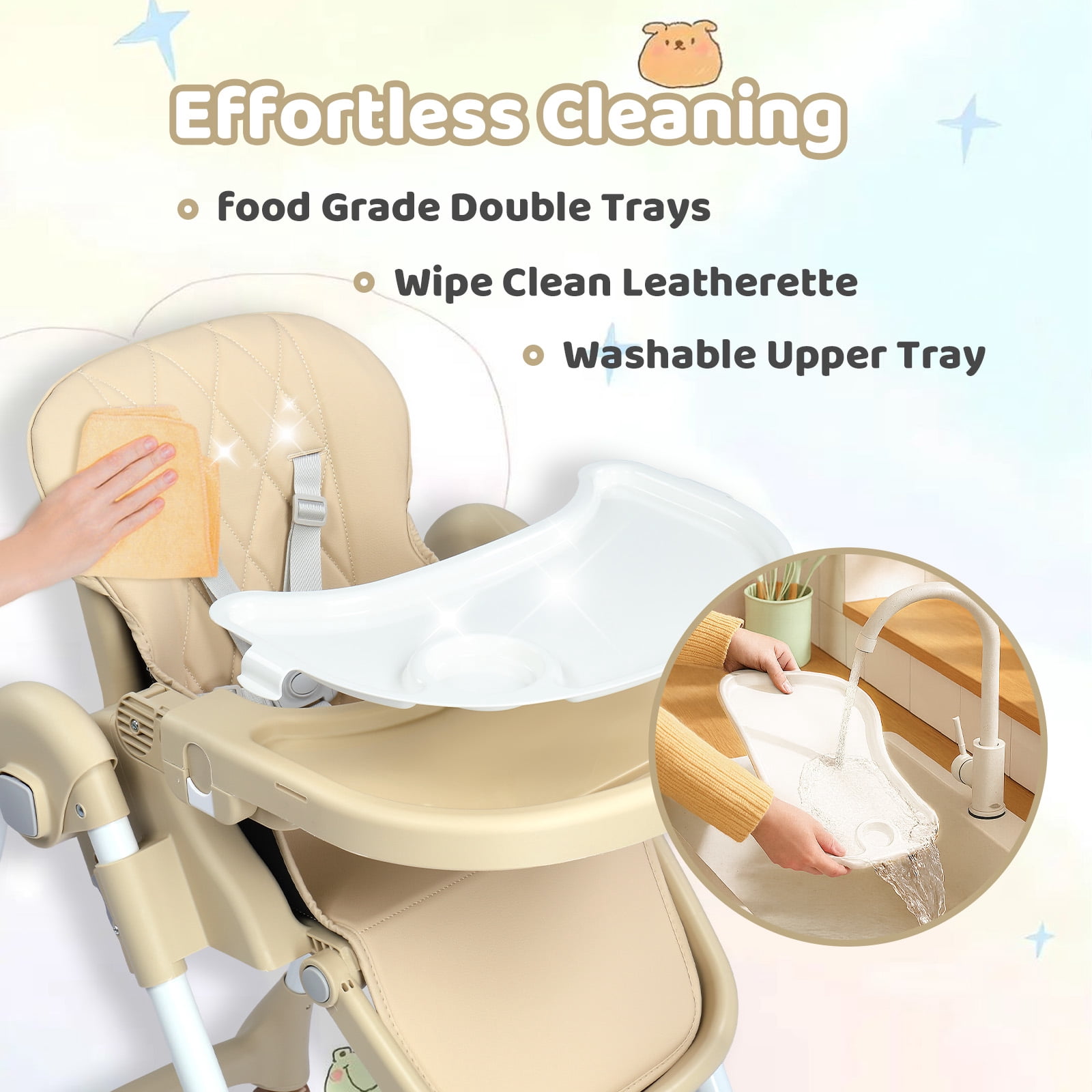 PEXMOR 4 in 1 Portable Baby High Chair, Convertible Foldable Highchair, Adjustable Height & Recline Positions, Beige