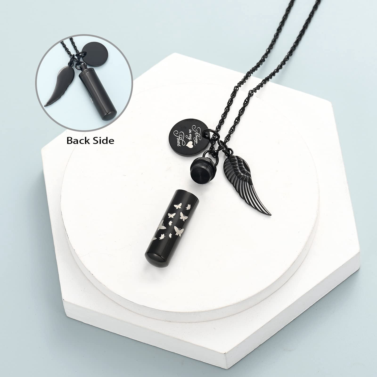 Personalize Cylinder Urn Ashes Necklace for Women Men Butterfly Cremation Jewelry Ash Loved One Memorial Angel Wing Pendant